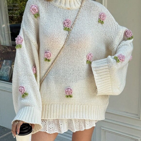 Casual Women's Loose Lovely Knit Long Sleeve Sweater detailed with roses design - Picture 9 of 10